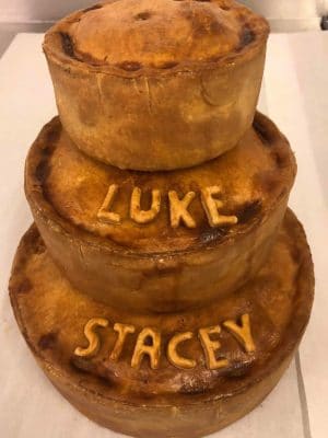 Thornton's Bakehouse and Butchers Bespoke Pork Pie with the words Luke and Stacey